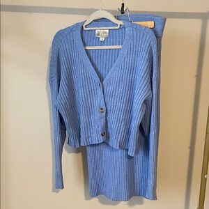 anthropologie Blue Ribbed Cardigan Set